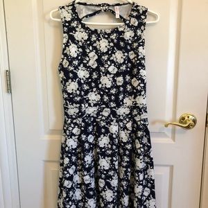 Navy with White Floral Knee Length Dress